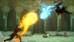 Two warriors clash in a ruined temple, one hurling fiery orange blast while the other fires a blue icy beam; a cat sits among scattered books in the background.