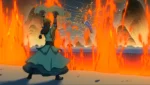 Warrior in teal robes raises twin fans above his head as a foe is hurled through a ring of fire in a fiery battleground.