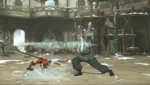 Bald fighter in green pants unleashes a water-based attack toward a crouching boy with a staff in a snowy courtyard arena. Onlookers stand around a stone fountain and scaffolding in the background.