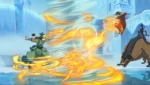 A dynamic battle scene in an icy fortress: a martial artist sweeps with fiery energy forming circles and streaks toward a mounted foe, while another rider watches from a bear-like creature in the background.