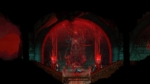 32a7f23f-8141-4d7e-ac21-f700e7df2877 - Video Game Depot Dark dungeon scene with a large red-lit skeletal demon statue at the center as a hero runs across a wooden bridge below.