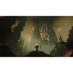 Massive stone dragon head looming in a misty cavern, approached along a wooden plank path with a lit torch.