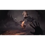 Dark fantasy scene: a small, flame-headed creature runs as grotesque, skeletal monsters loom in a rainy, desolate landscape; a hand silhouette reaches from the foreground.