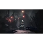 Dark cavern with a small monstrous creature facing the viewer, hands reaching from the foreground, eerie glowing eyes and abandoned ruins around.