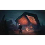 Fantasy campsite under a giant open book used as shelter, illuminated by a warm campfire with a small figure approaching and a skeleton-like figure in a hat nearby