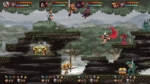 38e683e5-a777-44ea-8e46-5bb9dc5e0611 - Video Game Depot Pixel-art side-scrolling battle on a multi-tier forest platform, with several fighters mid-air and on bricks, and a treasure chest on the left.