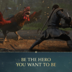 Knight in dark armor lunges with sword at a large red-and-brown rooster-like creature in a forest battle; lower banner reads 'BE THE HERO YOU WANT TO BE'.