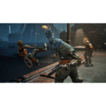 Blue-skinned alien in heavy armor clashes with two soldiers on a sci-fi dock, futuristic city in the background.