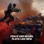 519650f3-b553-49e2-bc84-ba20257fcc64__510571785958471 - Video Game Depot Two heavily armored soldiers fire at each other on a war-torn battlefield with a crashed aircraft in the background; bold slogan at bottom reads 'FEELS LIKE GEARS. PLAYS LIKE NEW.'