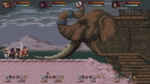 52eebd33-0fdd-4c28-afad-04c4d667dc33 - Video Game Depot Pixel-art side-scrolling battle: four heroes on the left face a giant wooden elephant siege, with a pier/ship structure on the right and status bars along the top.
