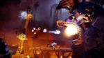601cd8d1-0647-4ea4-b4b7-a2bb37257671 - Video Game Depot Dragon roars and breathes fire toward a tiny hero standing on a wooden platform amid a lava-lit battlefield.