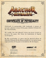 61e463e1-5084-42b5-92e4-c4b909be60c9 - Video Game Depot Certificate of Physicality for Abathor Ultimate on PlayStation 5, with decorative border and signatures.