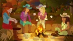 716ti57eedL_SL1500 - Video Game Depot Four friends in cowboy hats sit around a campfire at dusk, roasting marshmallows on sticks in a cozy forest clearing.