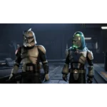 Two clone troopers stand in a dim hangar, one in tan armor and the other with blue-tinged helmet visors, ready for action.