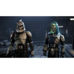 Two armored soldiers stand in a dim sci-fi hangar, wearing weathered space armor. (Informative)