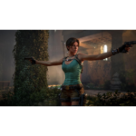 71IOAQ74AdL_SL1500___990511785875633 - Video Game Depot Female protagonist in a teal tank top with dual pistols, arms extended in a jungle ruin setting.