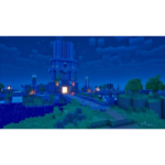 71Il8ijMVkL_SL1500__1__147161786124292 - Video Game Depot Blue voxel tower at night in a Minecraft-like world, with a glowing doorway and a central path surrounded by greenery and water, under rain.