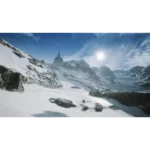 71VTtXaEihL_SL1500___273081785866761 - Video Game Depot Snowy mountain scene with a spire-topped temple on a rocky peak under a bright sun in a blue sky, with blurred snow vehicles in the foreground.