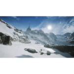 Snowy mountain landscape with a tall, spire-shaped building on the ridge under a bright sun, foreground shows blurred hover vehicles.