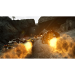 Two futuristic bikes or hoverbikes race through a rocky canyon, spewing flames from their thrusters as flames light the path ahead.