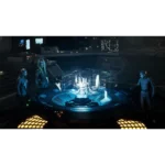 Three crew members stand around a glowing circular holographic console in a dark sci-fi control room.
