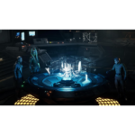 Three crew members stand around a glowing holographic core in a futuristic control room.