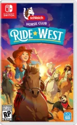 71cUTd5S4wL_SL1500 - Video Game Depot Nintendo Switch game cover for Ride West: red-haired rider on a horse leading a group of riders at sunset.