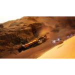 Desert canyon scene with a large red crashed spacecraft and trailing smoke particles in a sandy dune environment at sunset-like light.