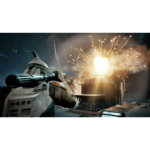 Armored soldier firing a large weapon at an explosion inside a sci-fi battlefield.