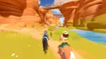 71zUMs-7lxL_SL1500 - Video Game Depot Two people on horseback ride along a desert canyon path beside a blue river, with wooden bridges spanning orange rock arches and a small black dog ahead.