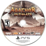 7417d55b-3a70-4e5c-9b81-7a121837bfae - Video Game Depot Video game disc cover for Abathor Ultimate with a jagged rock landscape and a towering central cliff, PS5 logo at bottom, ESRB Teen rating on left.