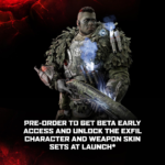 7dd33753-e34c-4c38-b580-980228676a61__343951785958484 - Video Game Depot Heavily armored soldier grips a futuristic rifle in a dark promo image advertising pre-order beta access and EXFIL skin sets.
