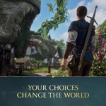 Back view of a armed adventurer in a blue tunic standing in a fantasy village, sword on back, with a banner reading 'YOUR CHOICES CHANGE THE WORLD' in the foreground.