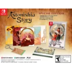 Nintendo Switch game cover for Astonishia Story Special Edition with artwork and a keychain, soundtrack CD, and game case shown in a warm-toned collage.