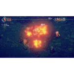 Turn-based RPG battle in a forest clearing; fiery explosion damages enemies with bright orange flames and damage numbers 174 visible.