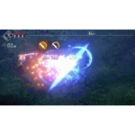 Action-packed RPG battle: a character swings a sword as a bright blue energy slash hits an enemy, with damage numbers visible in the foreground.