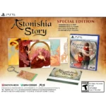 PS5 Special Edition box art for Astonishia Story with multiple illustrated cards, a soundtrack booklet, and a keychain on a warm, parchment-like background