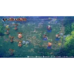 In-game tactical battle map with a grid, characters lined up on both sides, turn and phase indicators on the left, and control prompts along the bottom.