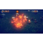 Turn-based RPG battle scene with a large fiery AoE attack hitting multiple enemies, showing damage numbers like 174 amid a forest battleground.