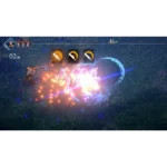 Action RPG battle scene with a character attacking a glowing explosion and three orange skill icons above, numbers popping up around the impact.
