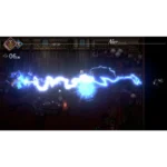 Blue lightning spell streaks across a top-down RPG battle scene, with UI elements at the top corners and a tavern-like floor in the background.