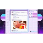 810109941186_06__033661789073249 - Video Game Depot Retro computer desktop with a pastel purple Windows-like social feed showing a food photo post in the center window.