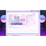 810109941186_08__582461789073263 - Video Game Depot Retro computer UI with a pink-blue anime girl on screen and chat panel in a vaporwave scene behind it.