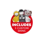 810136675863_catalog_02__393981786128797 - Video Game Depot Red circular badge with three costumed characters and the text 'INCLUDES 3 CUSTOM SKINS'