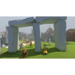 810136675863_catalog_04__619221786128797 - Video Game Depot Low-poly 3D game scene with a tall stone arch gateway and small colorful characters, including a bear, on a green hill in a sunny valley.