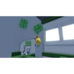 810136675863_catalog_06__605611786128797 - Video Game Depot Yellow character in blue gloves and boots leaps toward floating green blocks in a bright, minimalist game room with green platforms.