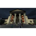 810136675863_catalog_08__232381786128797 - Video Game Depot Neoclassical building with tall columns and red-gold banners on the steps, nighttime, with several animated characters gathered near the entrance.