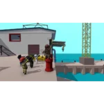 810136675863_catalog_09__109331786128797 - Video Game Depot Cartoon construction site by the water with workers cheering as a climber ascends a red pedestal near a yellow platform and crane.