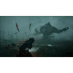 810136676174_relic_04_screenshot__441631787077954 - Video Game Depot A person in dark gear holds a flashlight as debris and sparks swirl while a towering armored creature advances underwater.