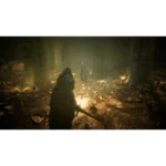 810136676174_relic_05_screenshot__494091787077954 - Video Game Depot A cloaked warrior stands among piles of gold coins in a dark dungeon, facing a armored foe with a glowing sword ahead.